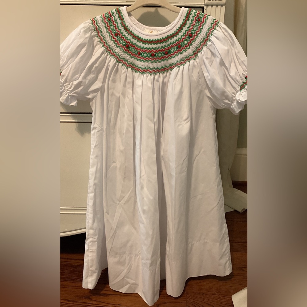 Rosalina Christmas Elegant White Dress with Green and Red Smocking